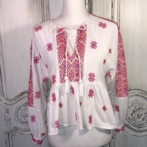 TOPSHOP PETITE 100% Cotton Embroidered Ethnic Long Sleeve Popover Top Size 0